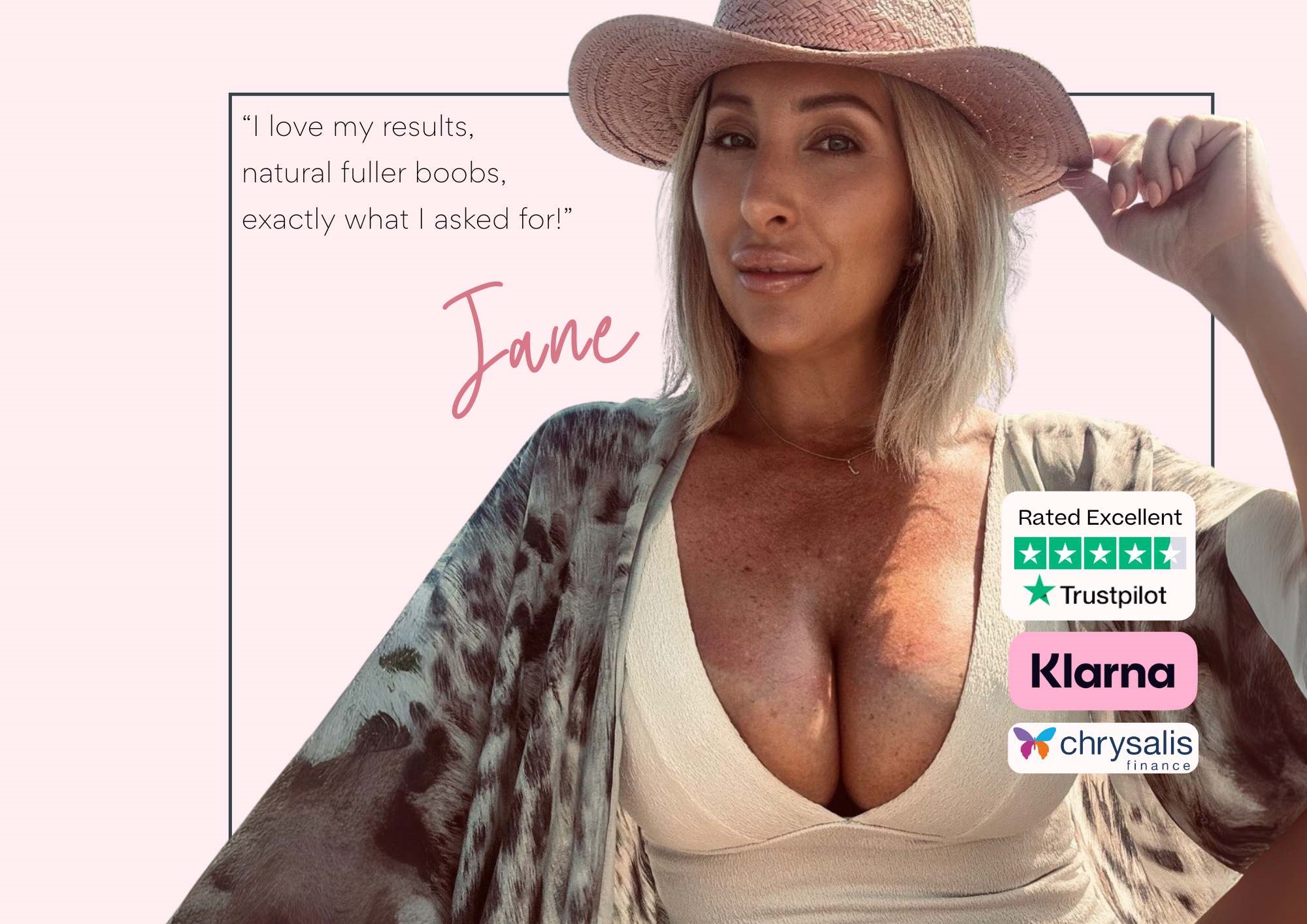 Jane, Breast Enlargement Patient, in a sunhat and swimsuit Jane, Breast Enlargement Patient, in a sunhat and swimsuit
